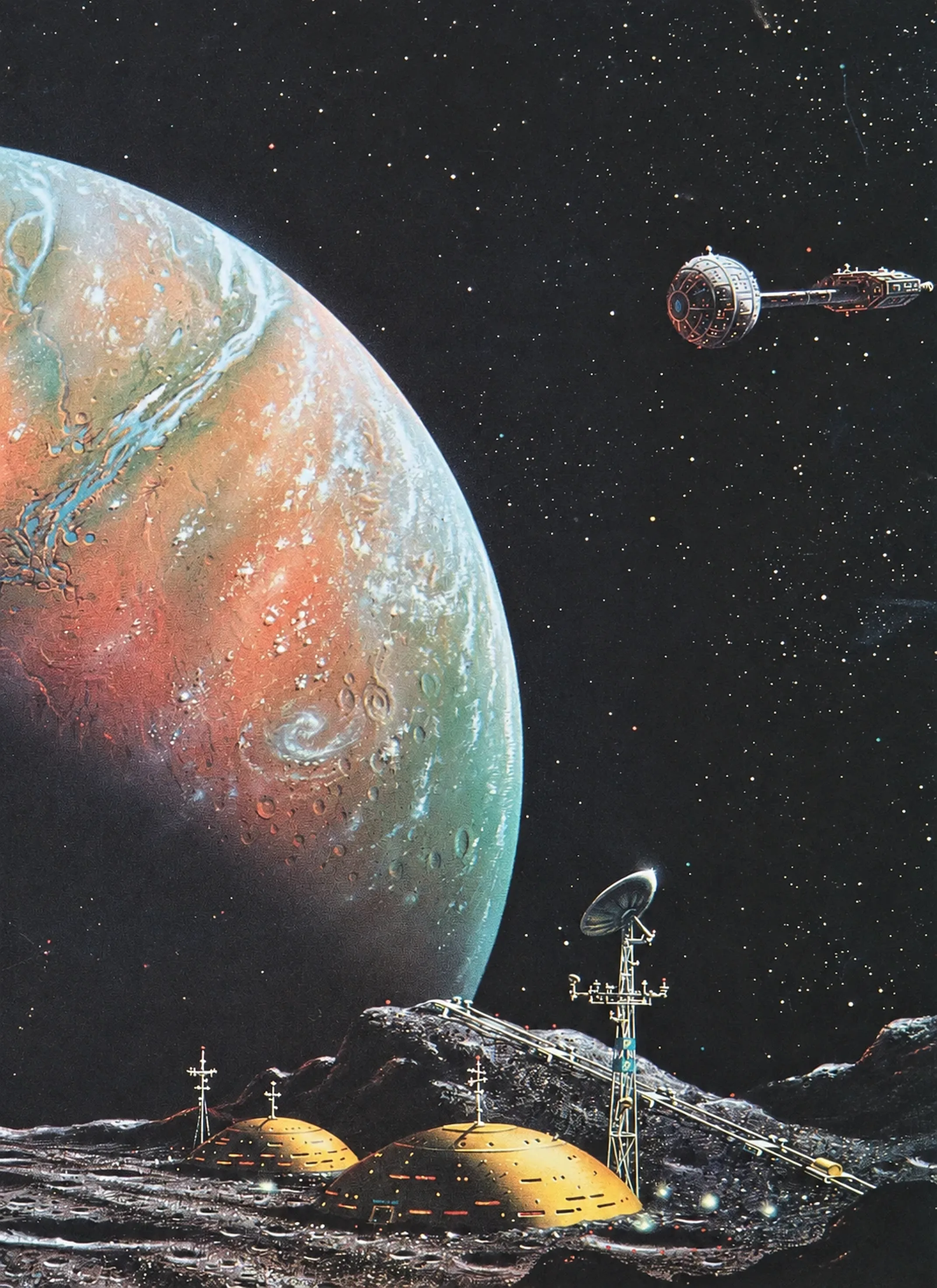 A painted outpost of two domes and an antenna mast on a moon, a vast planet rising behind it