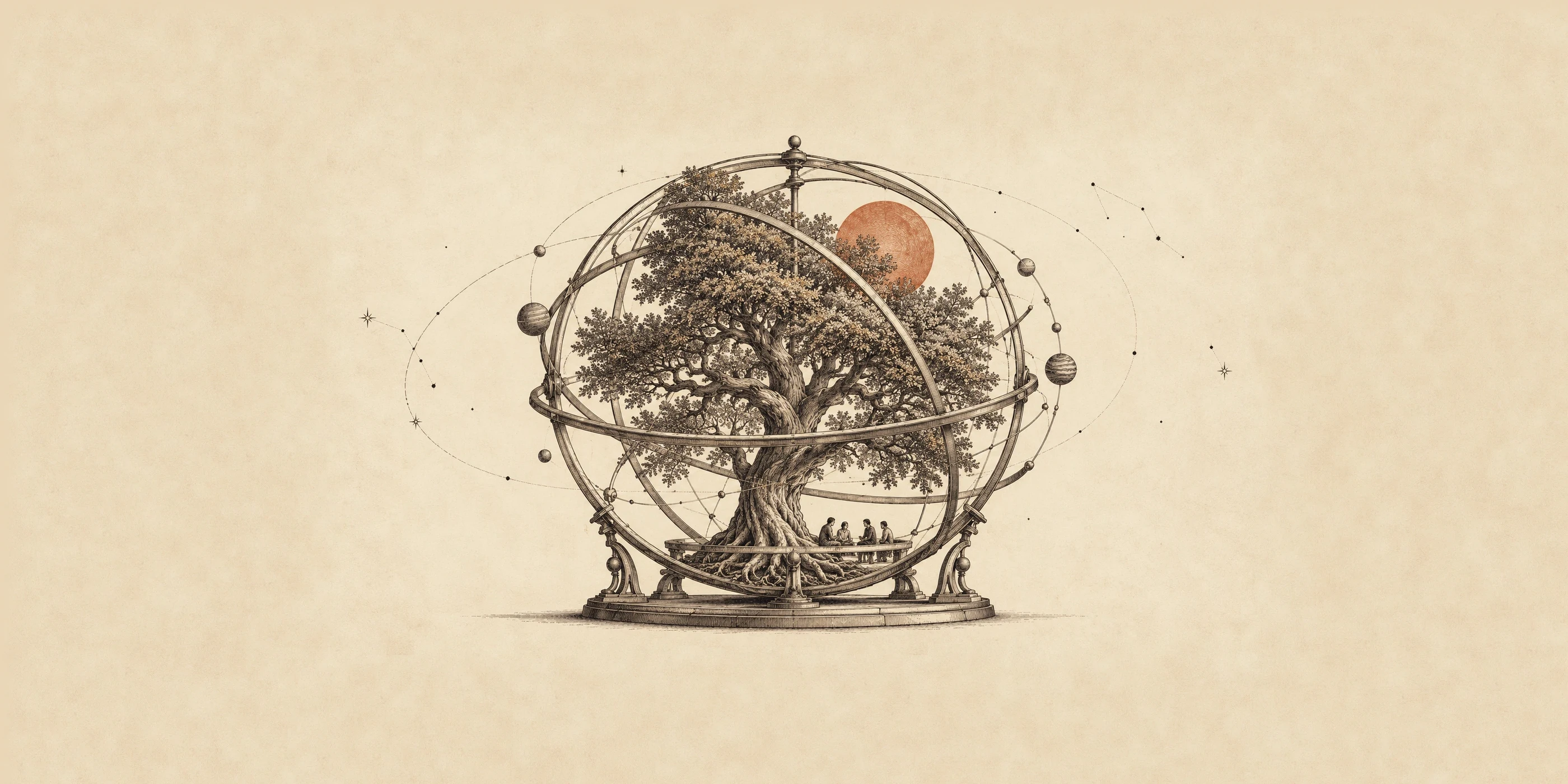 An engraving on parchment: an armillary sphere with a great tree growing inside its rings, four people seated at a table beneath it, planets on the rings and a red sun behind the branches.
