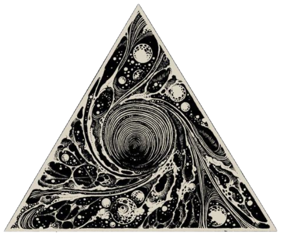 A triangle with its point at the top, filled with an engraved spiral of swirls, orbs and currents in cream on black.